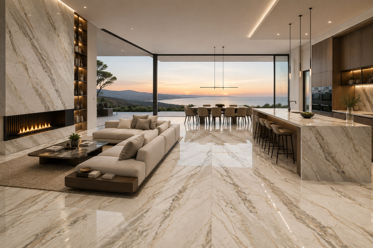 Sala con superficies de gran formato efecto mármol y vista al mar al atardecer